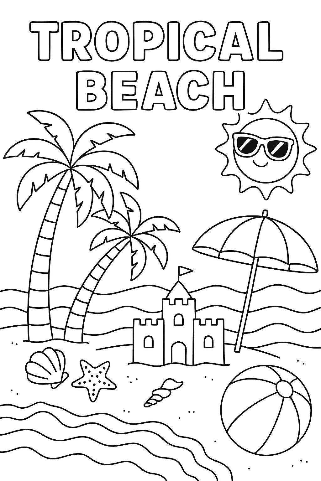 Tropical beach coloring page: palm trees, sandcastle, beach umbrella, seashells, starfish, ocean waves, sun with sunglasses, beach ball, thick outlines, paradise vacation scene