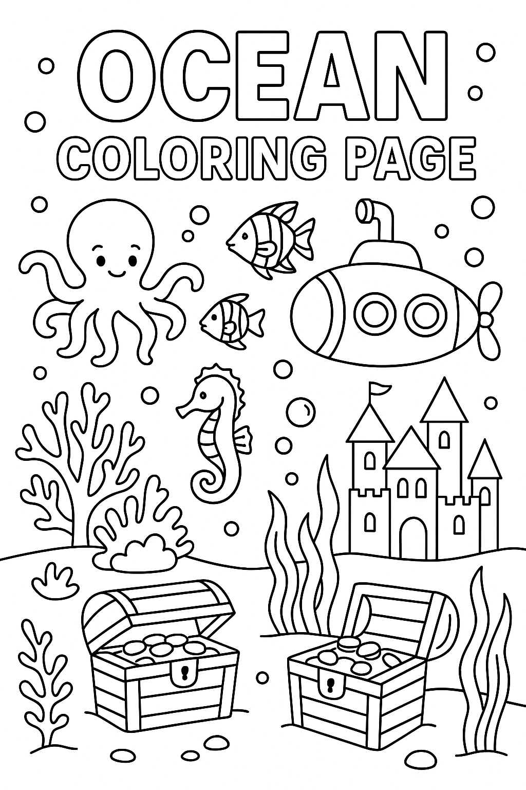 Ocean coloring page: coral reef, tropical fish, octopus, seahorse, treasure chest, submarine, seaweed, bubbles, mermaid castle, thick line art, underwater adventure scene