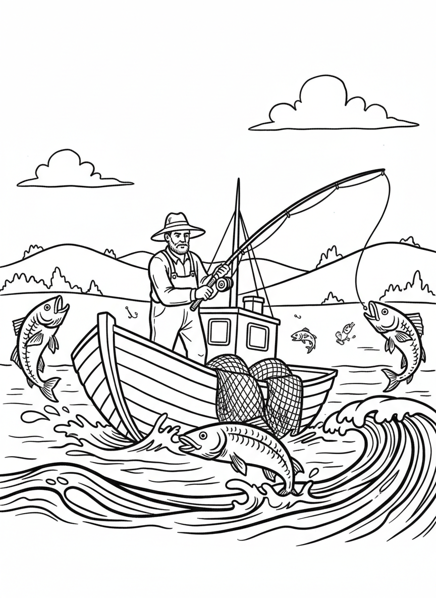 A small fishing boat with a fisherman holding a fishing rod, nets on deck, and fish jumping out of the water around it.