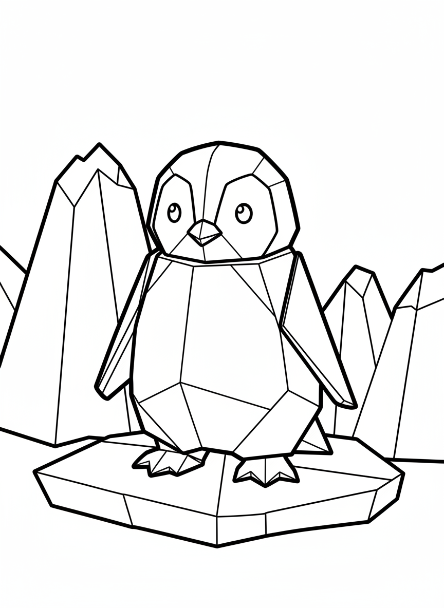 A cute origami penguin robot with folded paper flippers, geometric body, and triangular beak standing on angular ice
