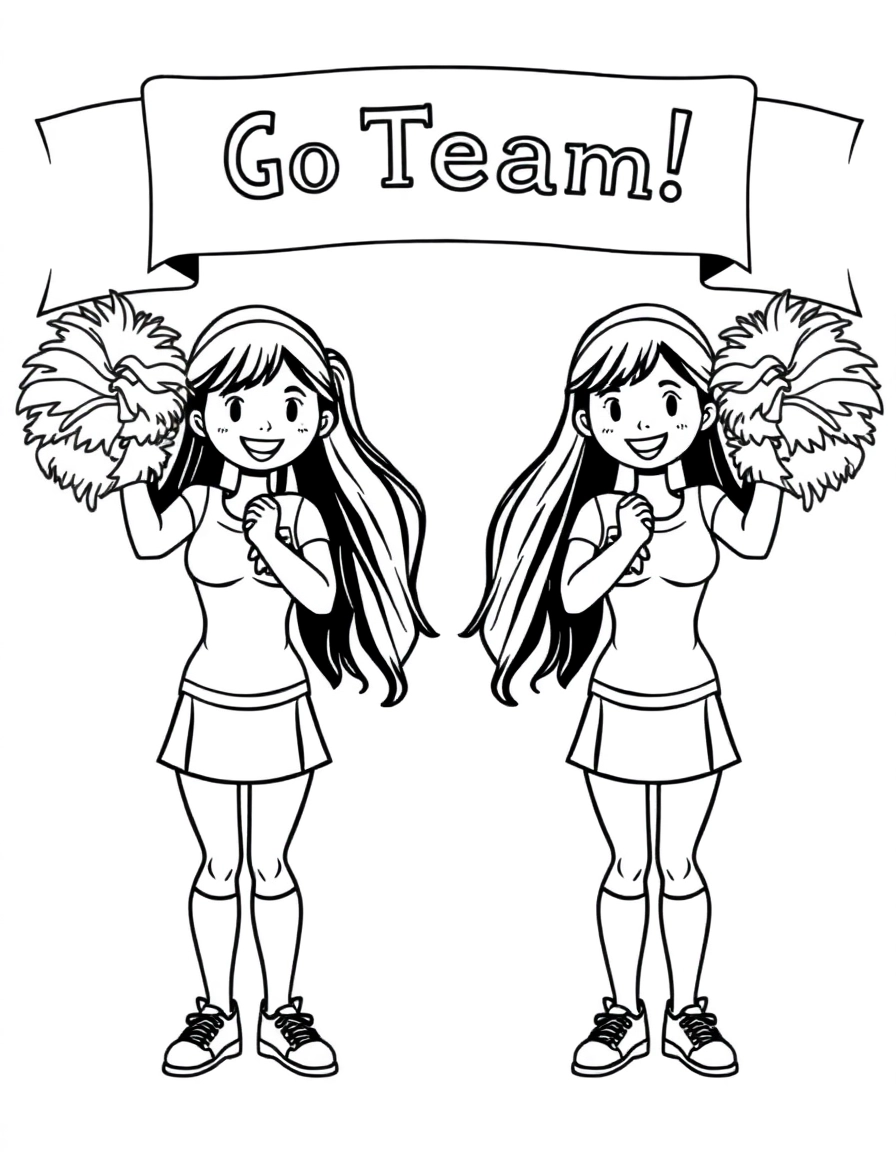 american football: Cheer Squad: Two cheerleaders shaking large pom-poms with a "Go Team!" banner behind them.