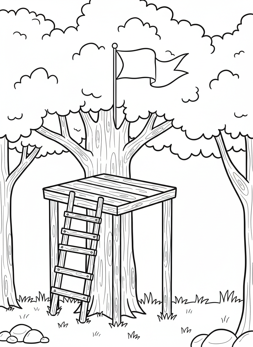 Simple treehouse with a basic square platform, straight ladder nailed to the trunk, and a flag on top, perfect for young children to color.