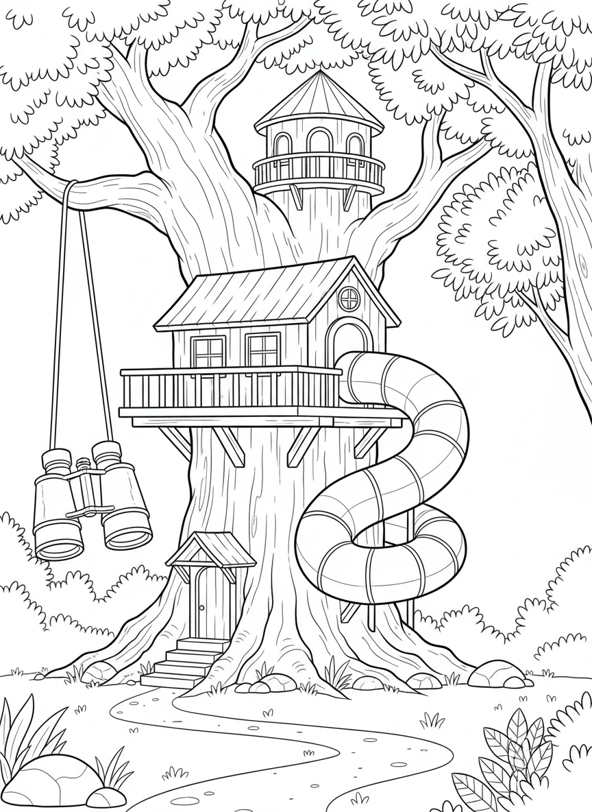 Treehouse with a slide exit spiraling down around the tree trunk, a lookout tower on top, and binoculars hanging by the entrance.