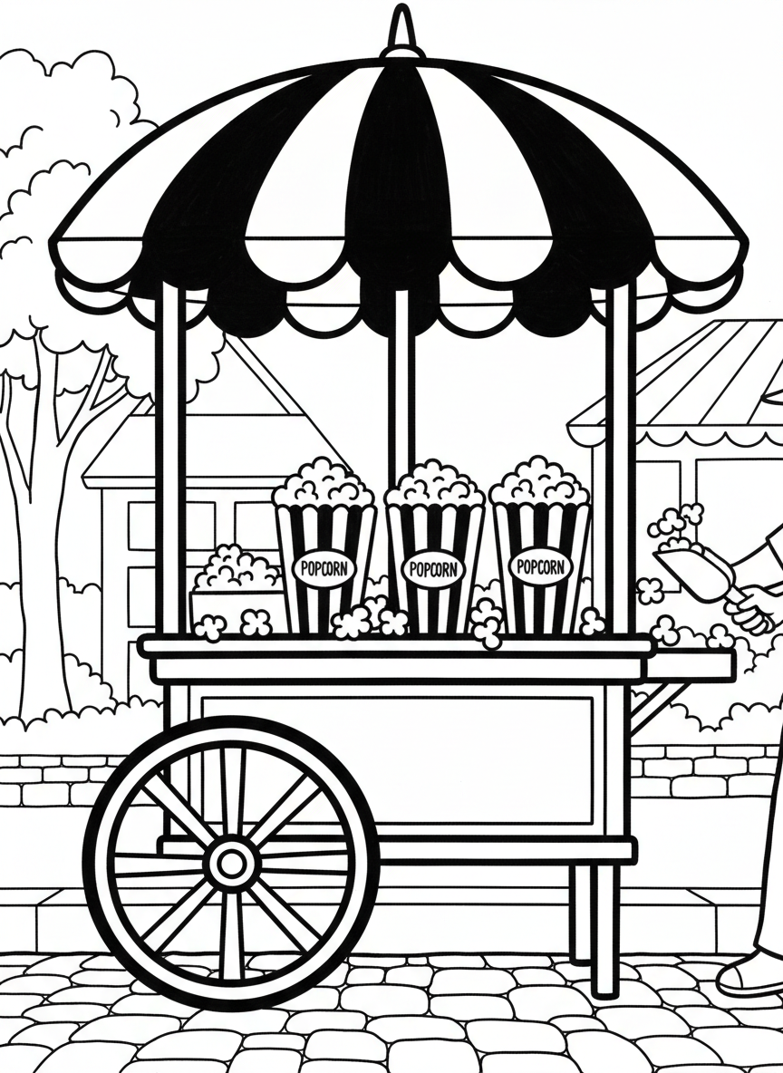 A popcorn cart with a striped umbrella, overflowing popcorn boxes, and a wheel on the side.