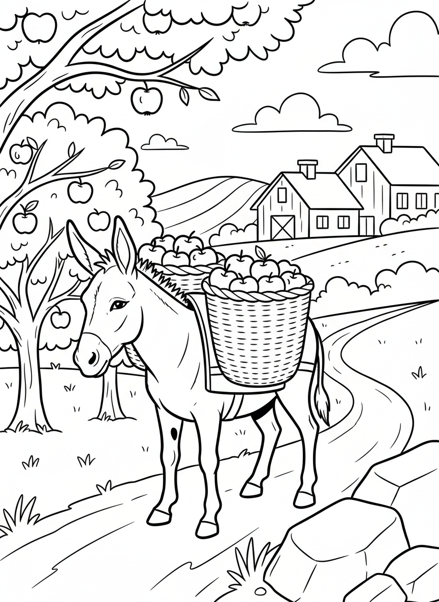 A donkey carrying baskets of apples with an orchard and farm buildings in the background, countryside adventure scene.