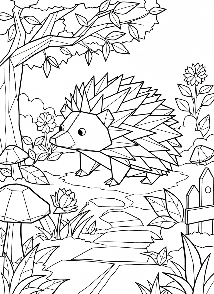 An origami hedgehog with triangular spikes made from paper folds, small round body, and simple facial features in clean line art.