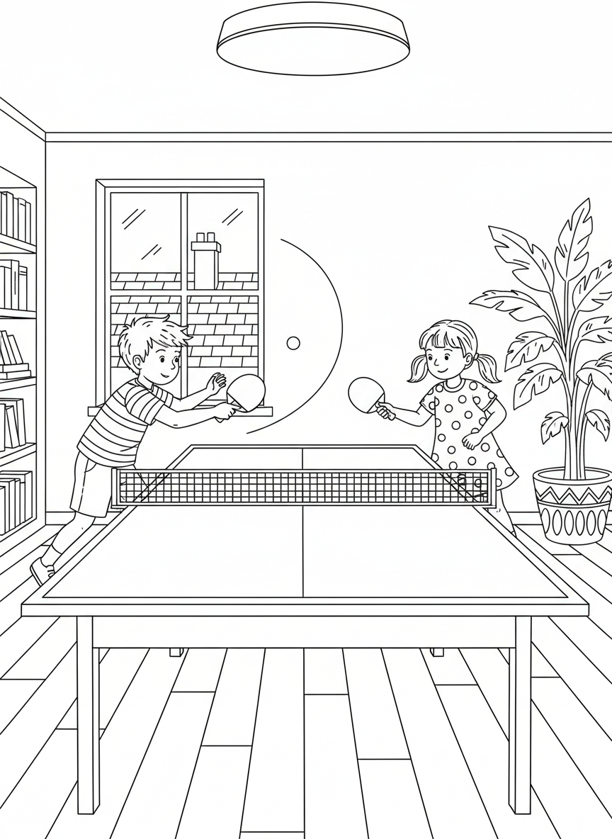 Two kids playing table tennis indoors, one serving and one ready to return, with paddles and ball visible.
