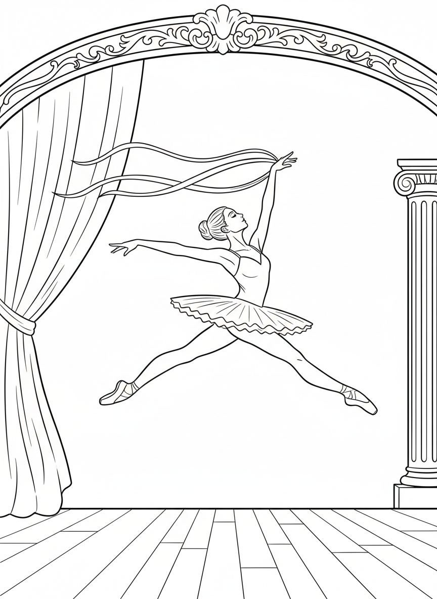 A ballet dancer leaping through the air in a grand jeté jump, with ribbons flowing from her hair.