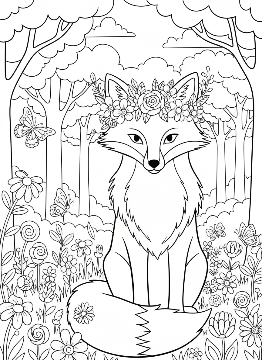 A cute fox wearing a flower crown sitting in a forest clearing with butterflies and wildflowers all around