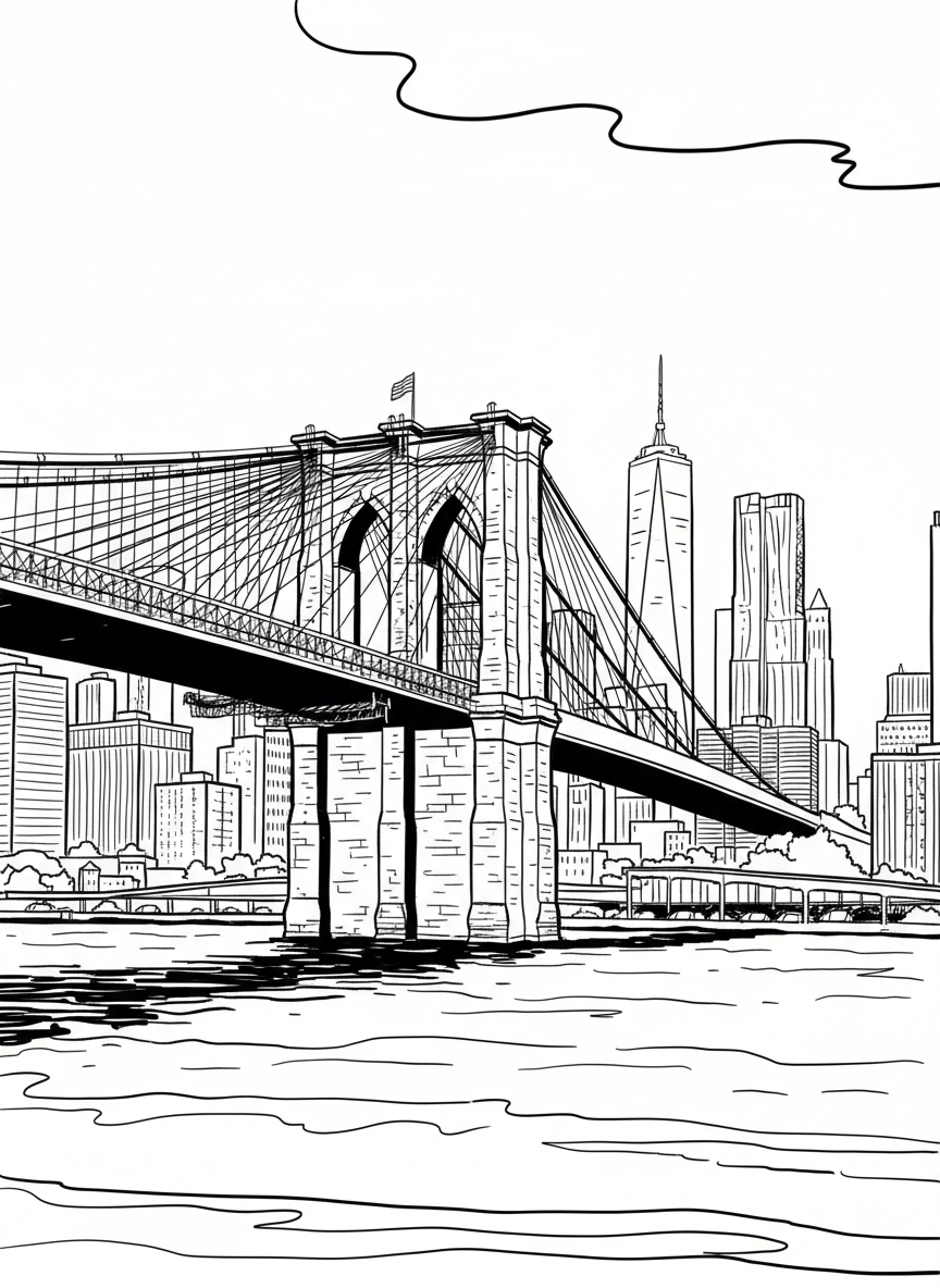 The Brooklyn Bridge spanning across the water with its iconic cable design, side view showing the bridge's architectural details and city skyline behind.