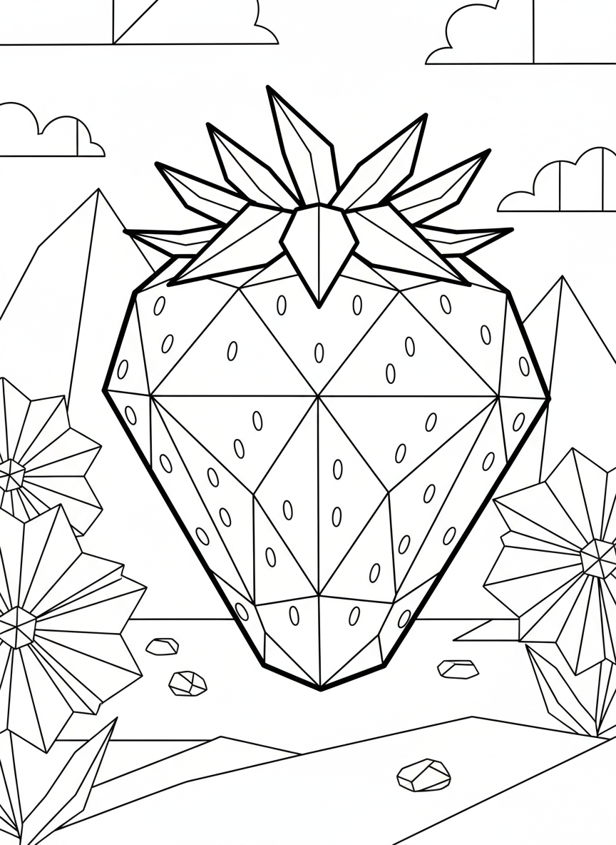 A cute origami strawberry with diamond-shaped paper folds, dotted seed pattern, and angular paper leaves at the top