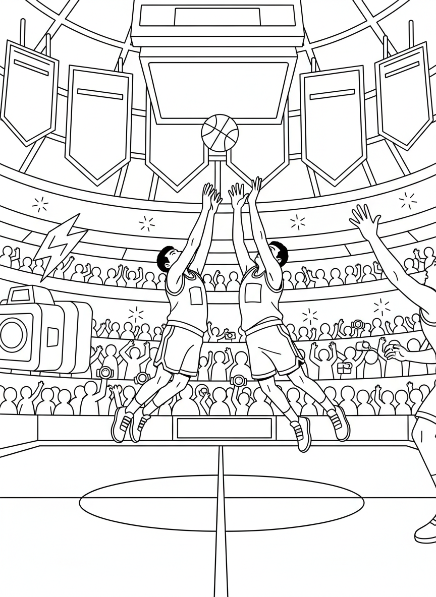 A dramatic opening tip-off at center court, two players leaping skyward beneath championship banners as cameras flash and the arena noise swells to announce the tournament’s beginning.