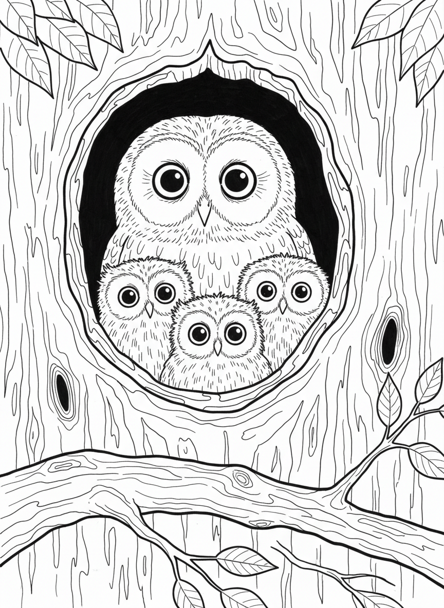 A tawny owl family with parent and three owlets nestled together in a tree cavity.