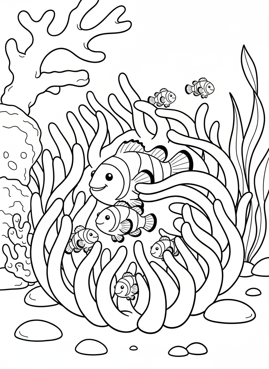 Sea anemone releasing tiny clownfish from its protective tentacles, showing symbiotic friendship, medium complexity