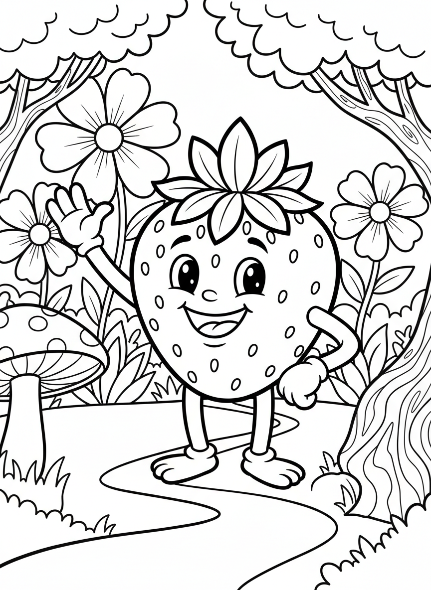 A cheerful strawberry character with a happy face, wearing a leaf crown, standing upright with arms and legs