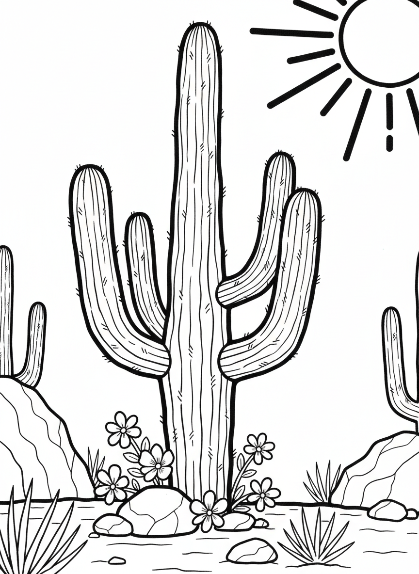 A tall saguaro cactus with multiple arms standing in the desert, with small desert flowers blooming at its base and a simple sun in the sky