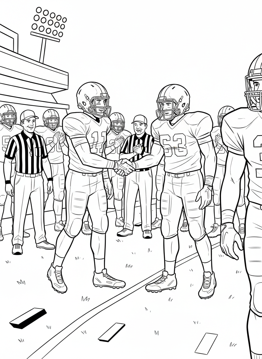 Two opposing players shaking hands after the game in a show of sportsmanship, with referees and teammates in the background.