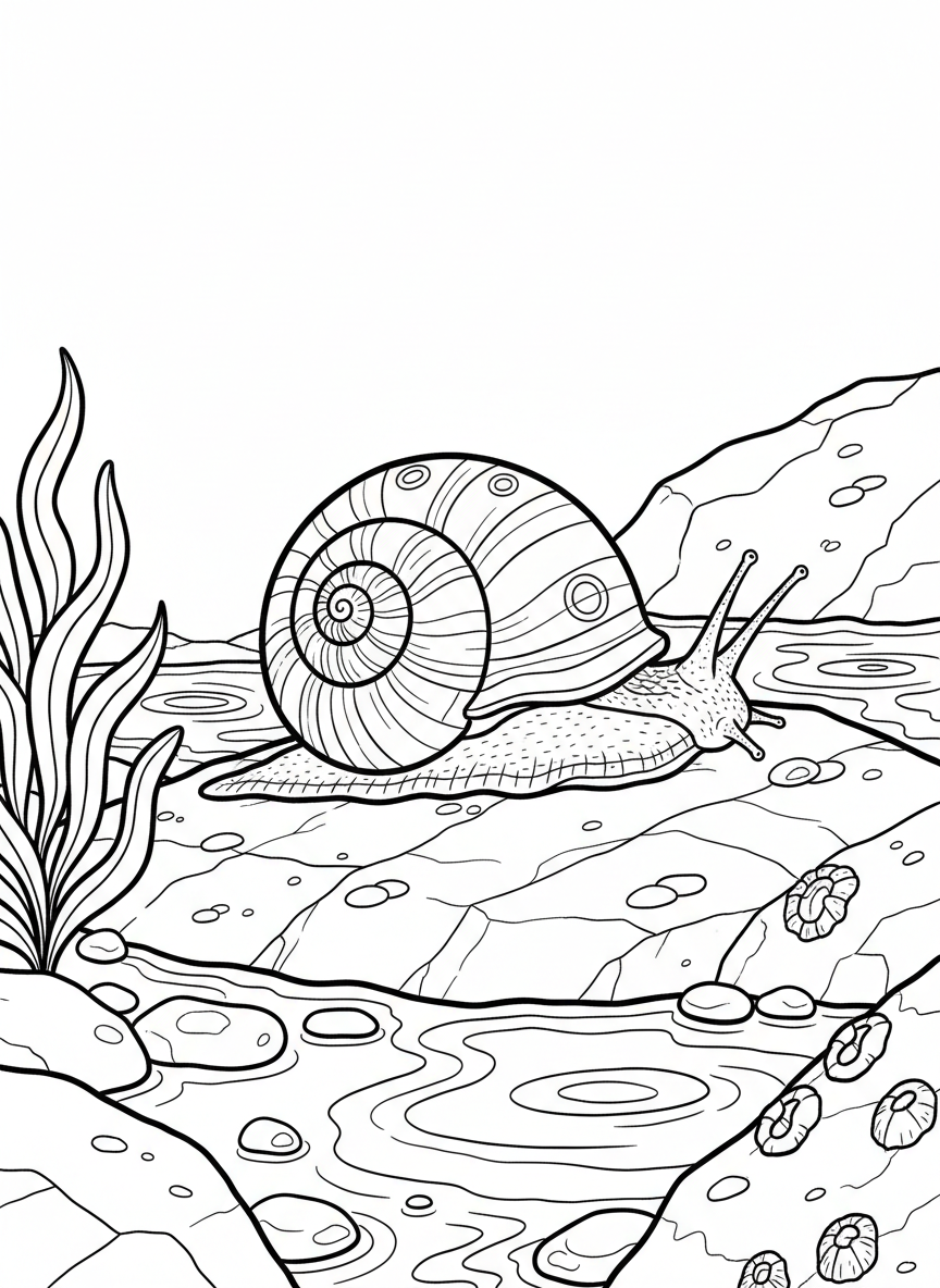 A large turban snail with spiral shell patterns crawling on a flat tide pool rock, simple line art with clear shell details