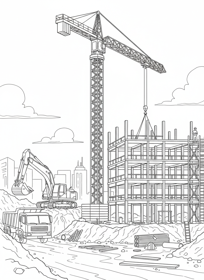 A busy construction site scene with multiple vehicles including an excavator, dump truck, and crane working together on a building.