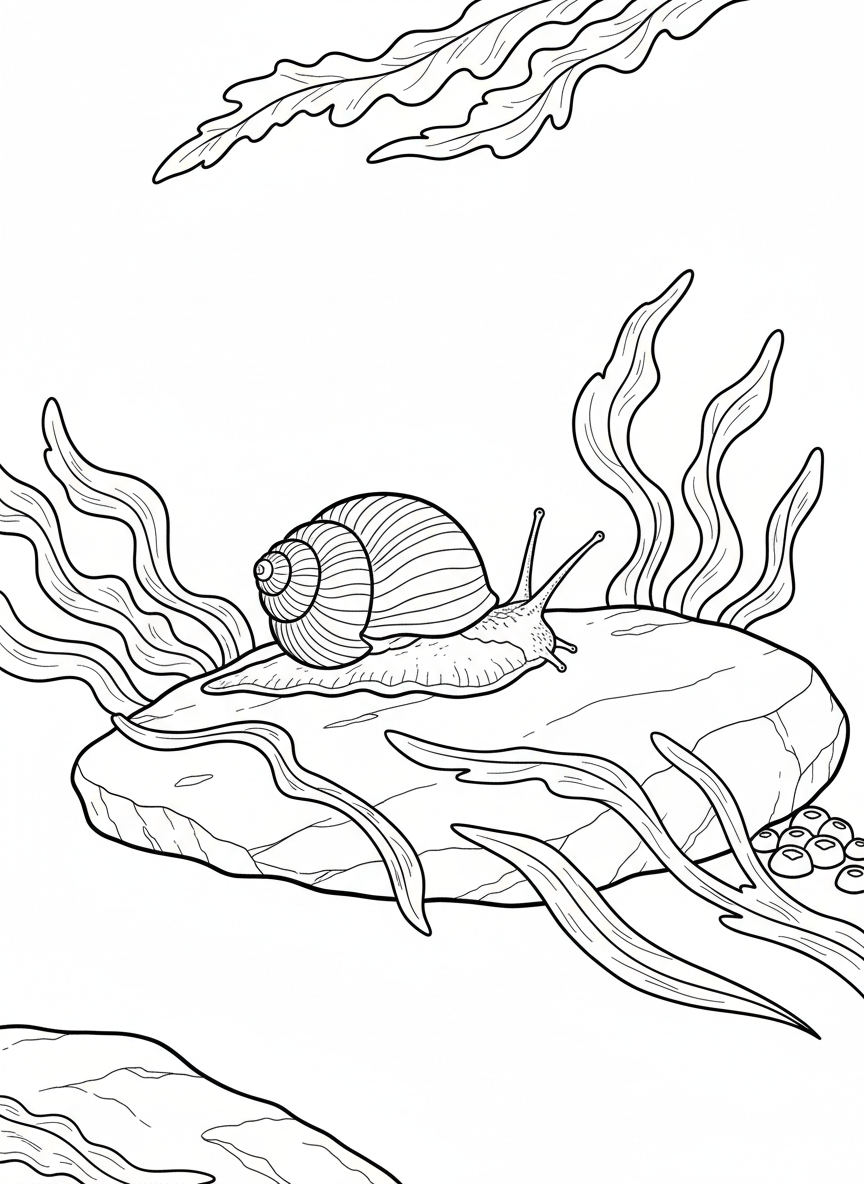 A sea snail slowly crawling across a large flat rock with seaweed draped nearby.