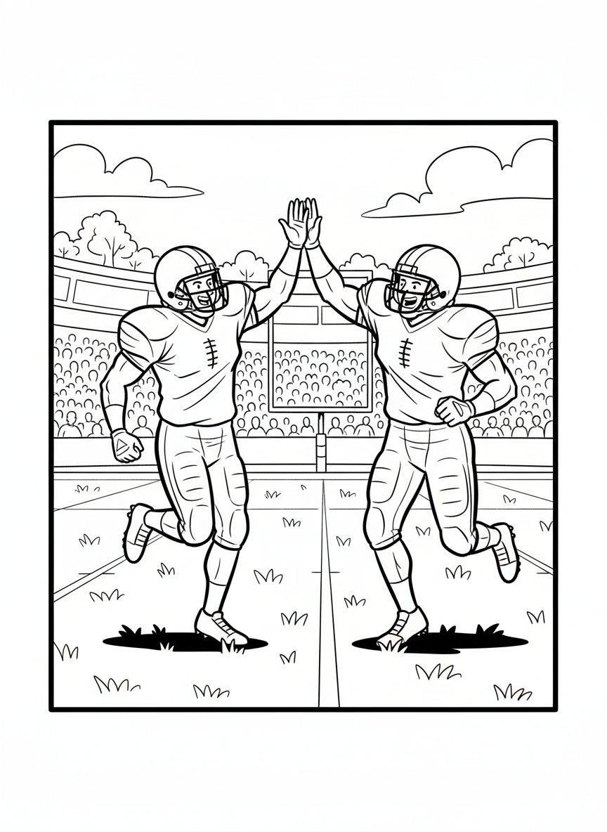 Two football players high-fiving after a touchdown, helmets on, celebrating teamwork and success together.