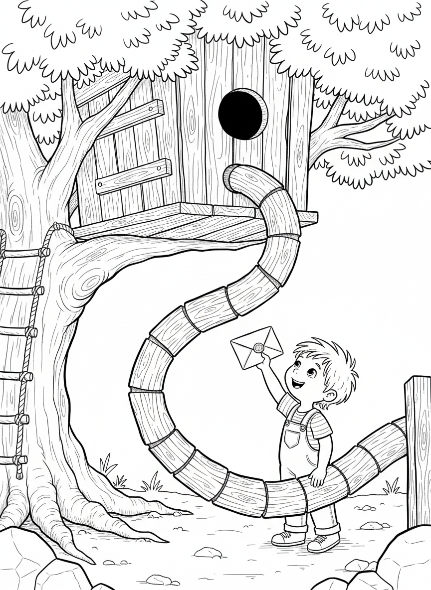 A treehouse with a mail slot cut into the wooden floor, and a child below looking up while posting a letter through a long tube.