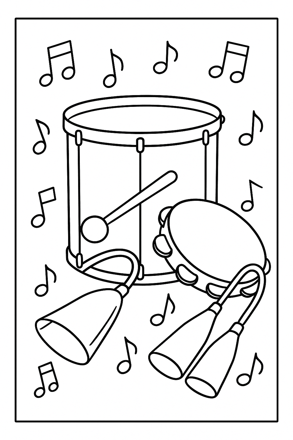 Musical Beats: A collection of traditional Brazilian percussion instruments arranged together: a large surdo drum, a pandeiro (tambourine), and an agogô bell, surrounded by dancing musical notes.