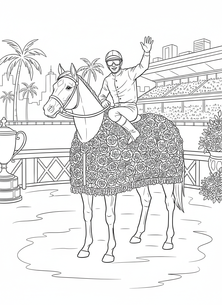 A majestic thoroughbred racehorse wearing a blanket of roses, standing proudly in the winner's circle with a jockey waving to the crowd.