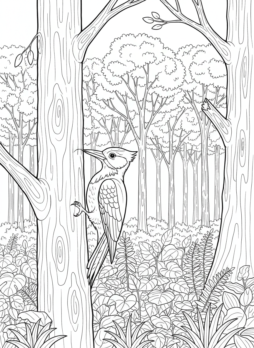 A woodpecker on a tree trunk with a detailed forest background showing multiple layers of trees and plants.