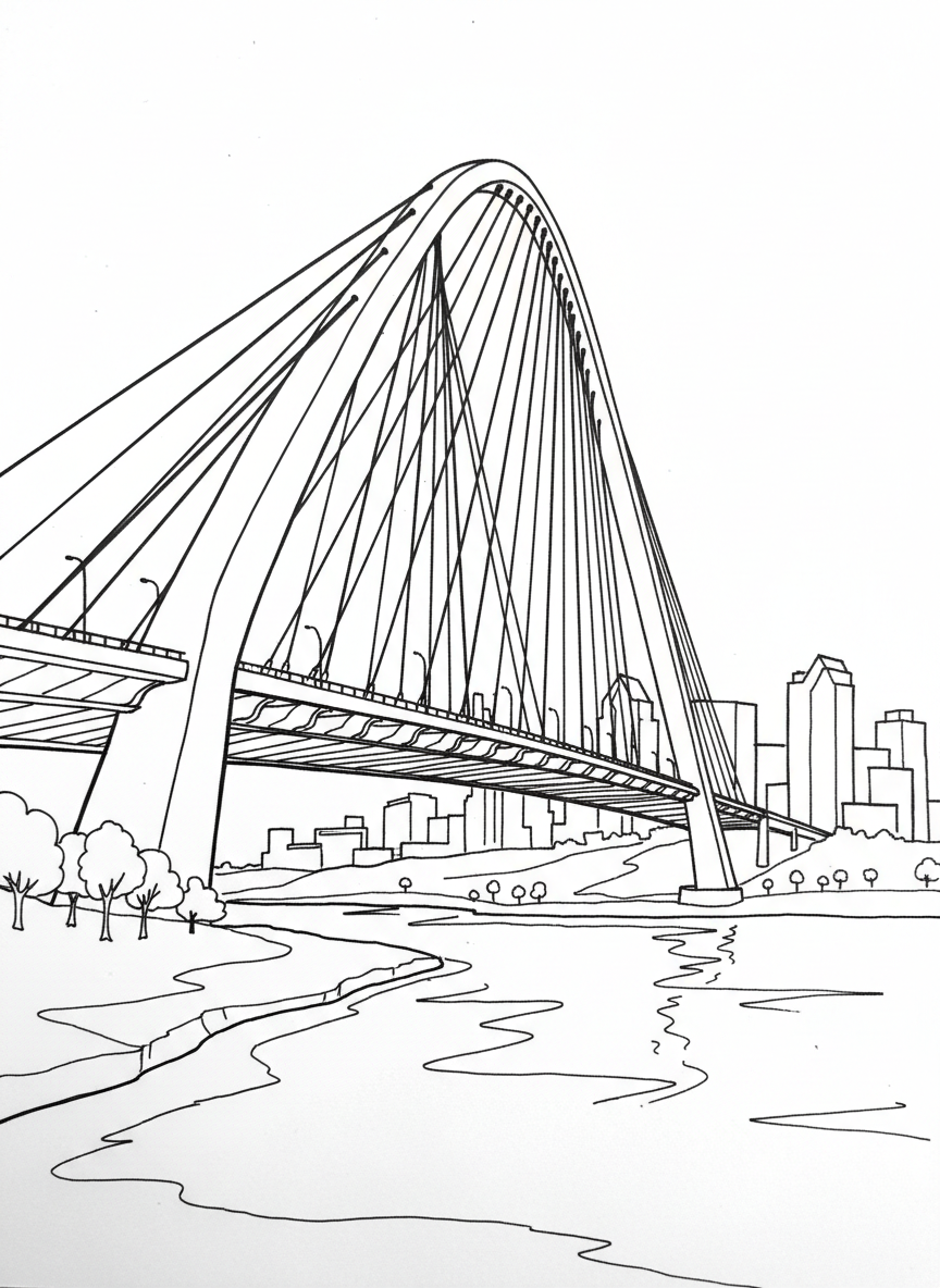 The Margaret Hunt Hill Bridge with its distinctive arch and cables spanning across the Trinity River, architectural line art coloring page