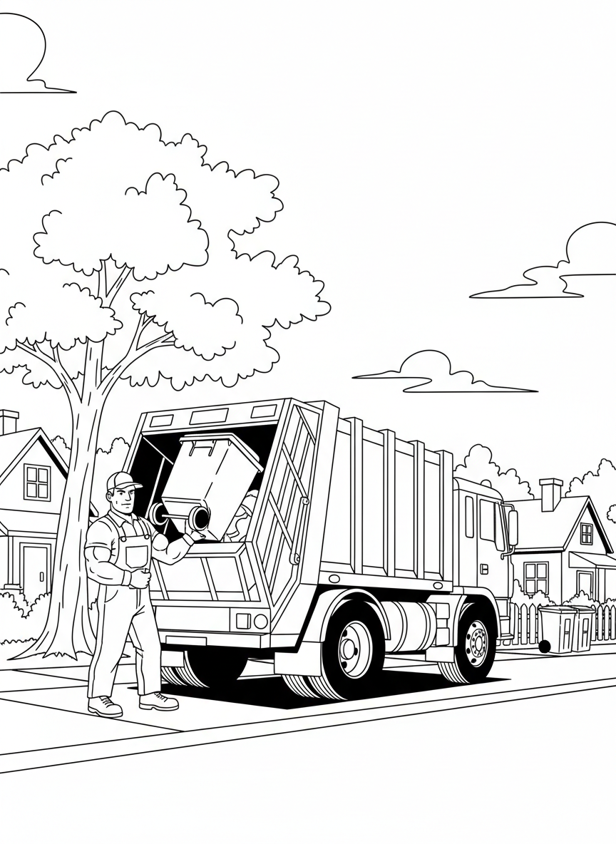 A garbage collector emptying trash bins into a sanitation truck on a residential street lined with houses and trees.