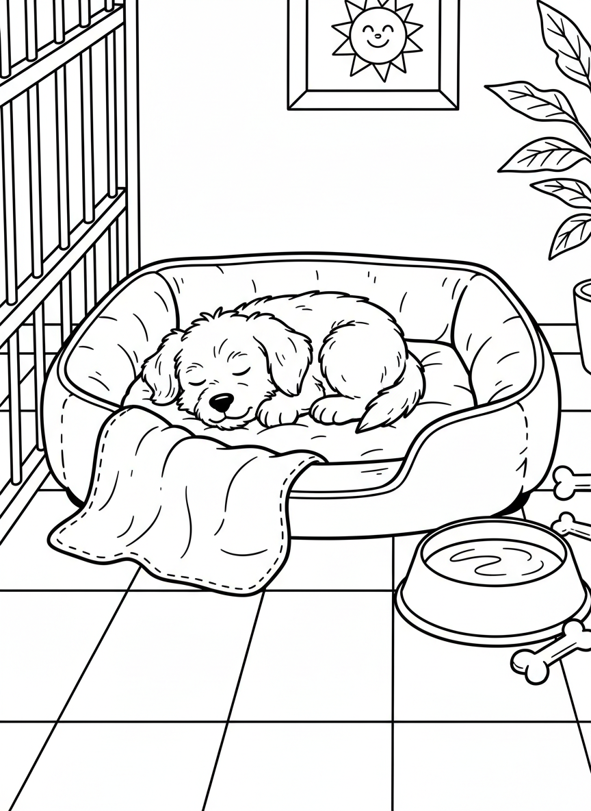 A recovery kennel area with a cozy blanket, water bowl, and a sleepy puppy resting comfortably after treatment