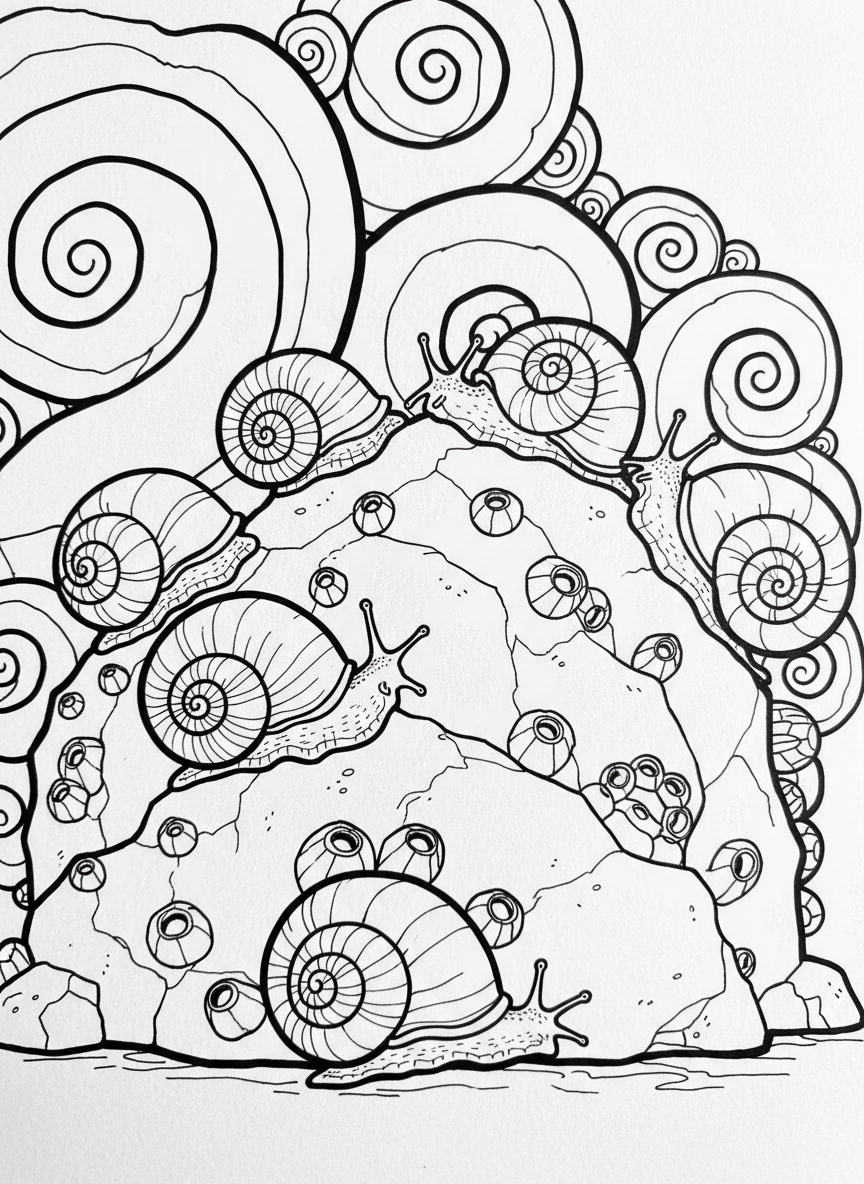 A group of periwinkle snails climbing on a large rock with barnacles, simple spiral shell patterns and clear outlines