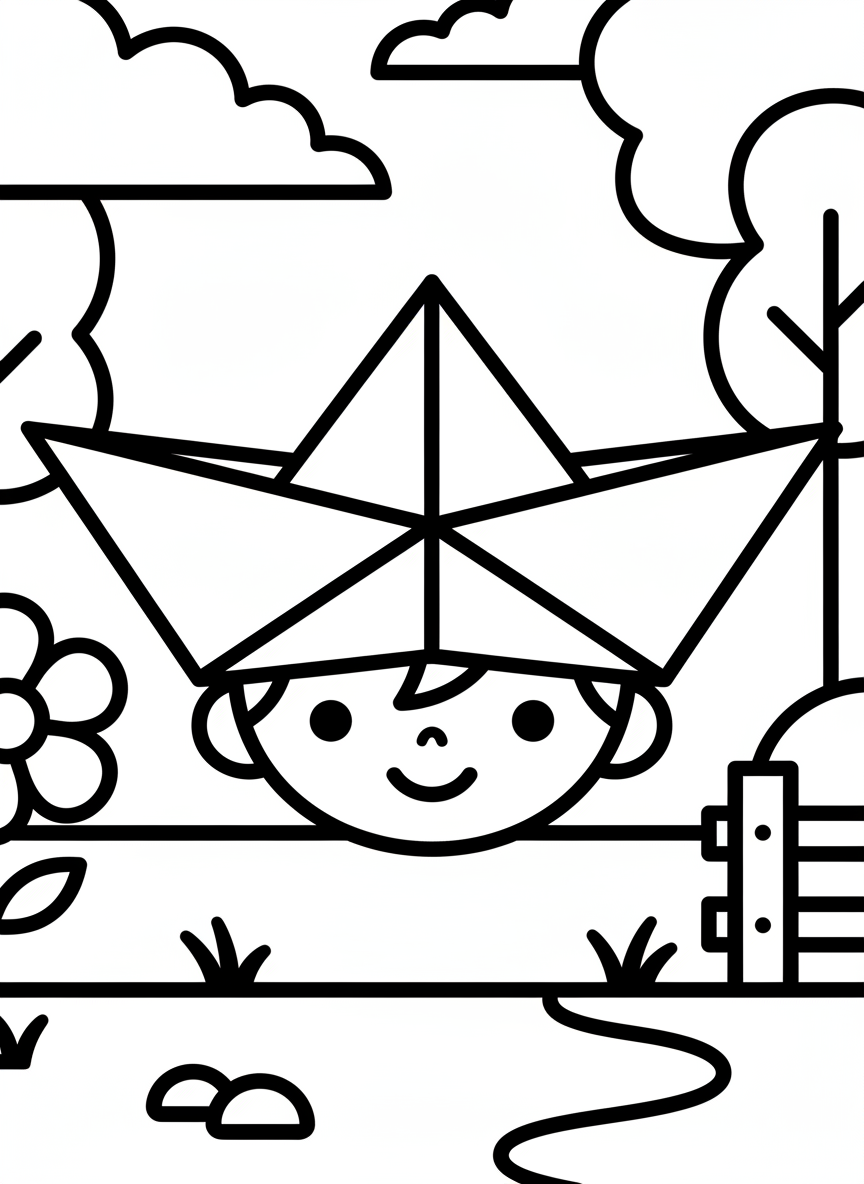 A simple origami paper boat hat with clean fold lines and a wide brim, shown from a front view, perfect for beginners to color.
