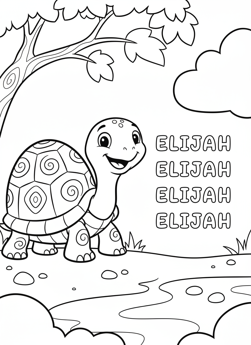 A happy turtle with a patterned shell beside three tracing rows with dashed letters spelling 'ELIJAH', kid-safe coloring page