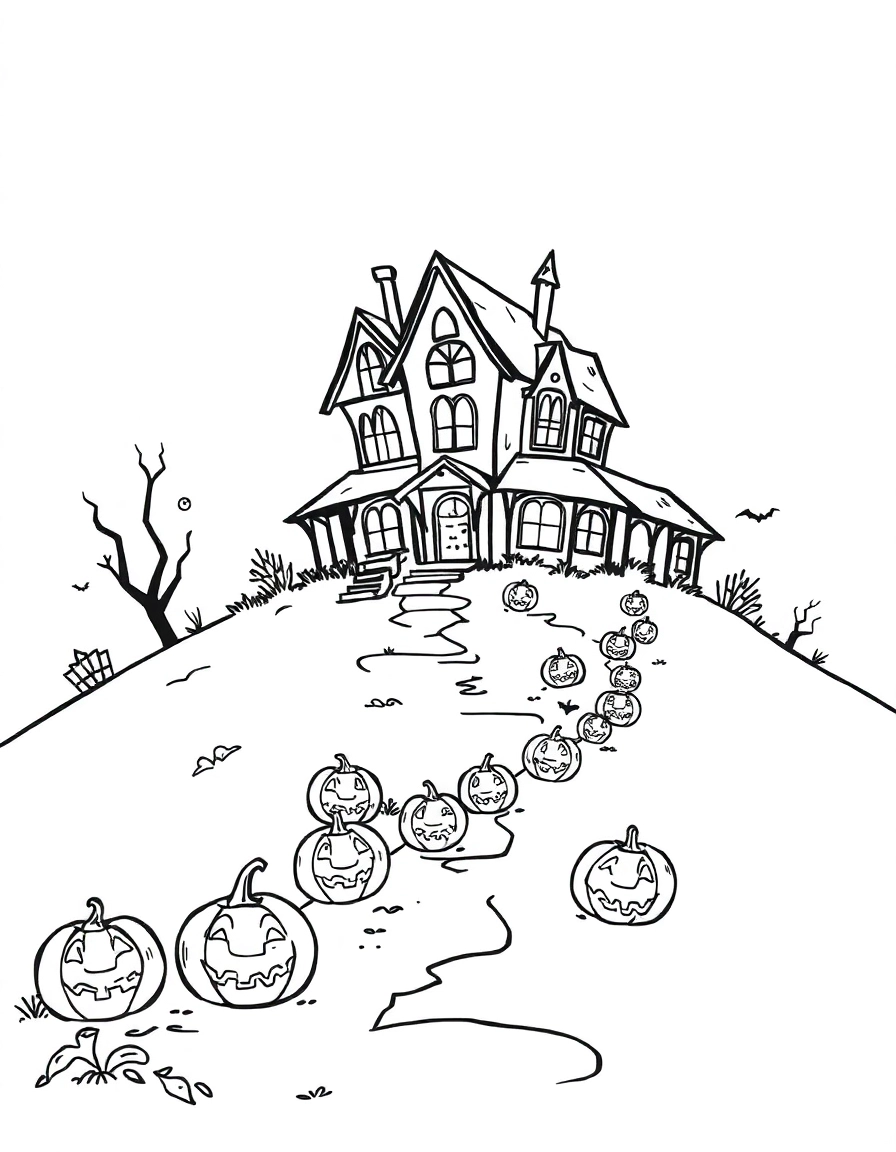 A haunted house on a hill with glowing jack-o-lanterns lining the path
