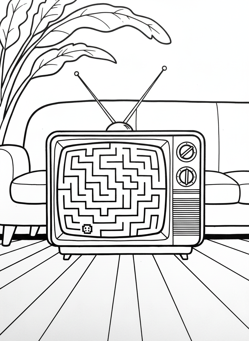 A retro television set displaying a simple maze game on the screen, with antenna on top and control knobs on the side.