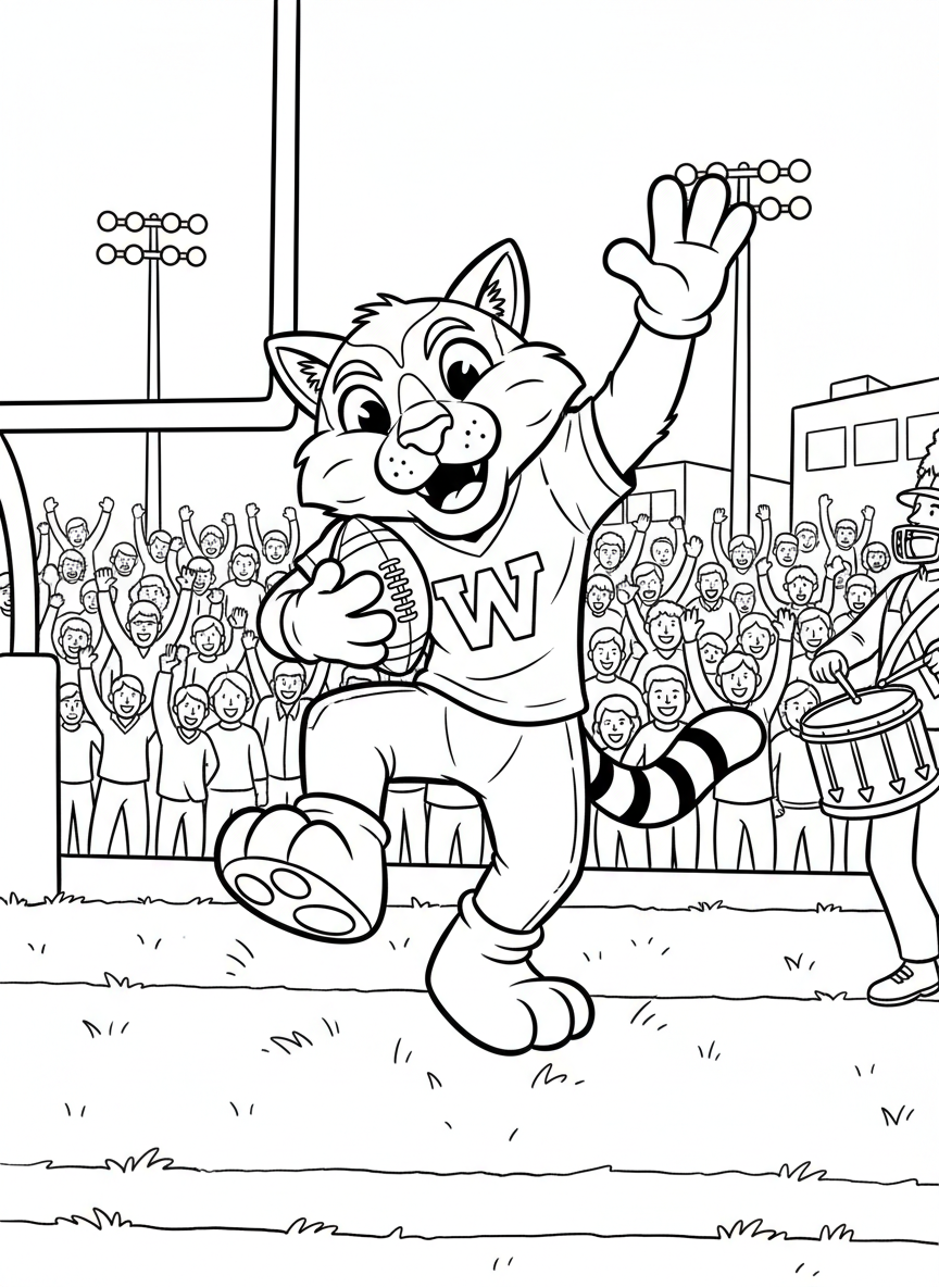 A mascot character dancing on the sideline with a football, entertaining the crowd during the kickoff celebration, fun and playful.
