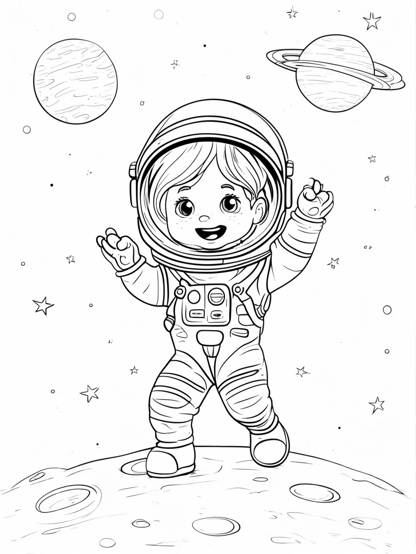 a cute kid dressed as an astronaut with hands raised triumphantly. walking on the moon with planets in the background and stars in the sky
