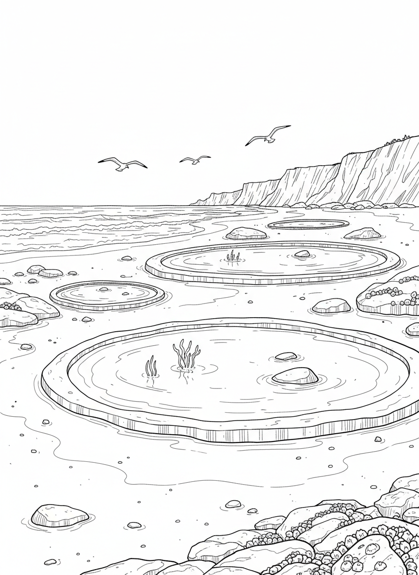 A wide beach scene showing multiple tide pools among rocks at low tide, with seagulls flying overhead.