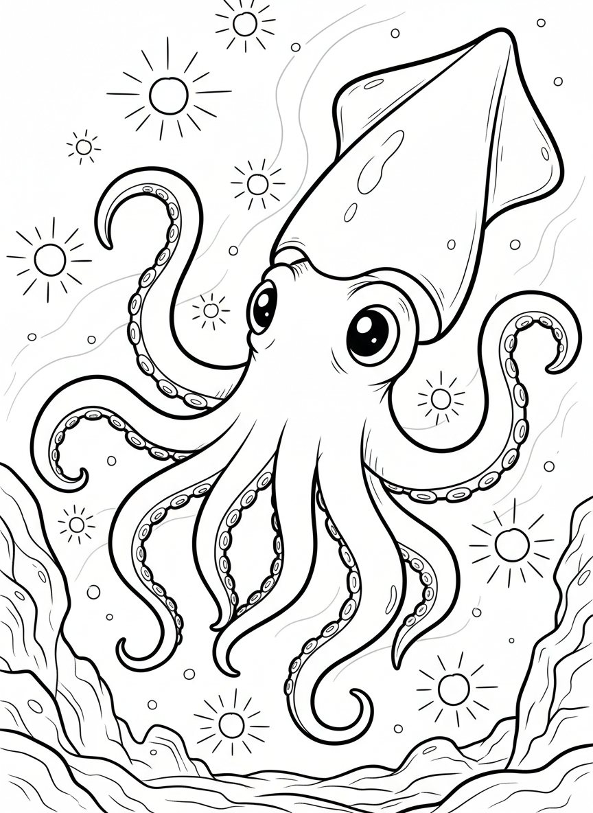 A playful squid with large eyes and eight curling tentacles, surrounded by tiny glowing plankton particles in the deep sea.