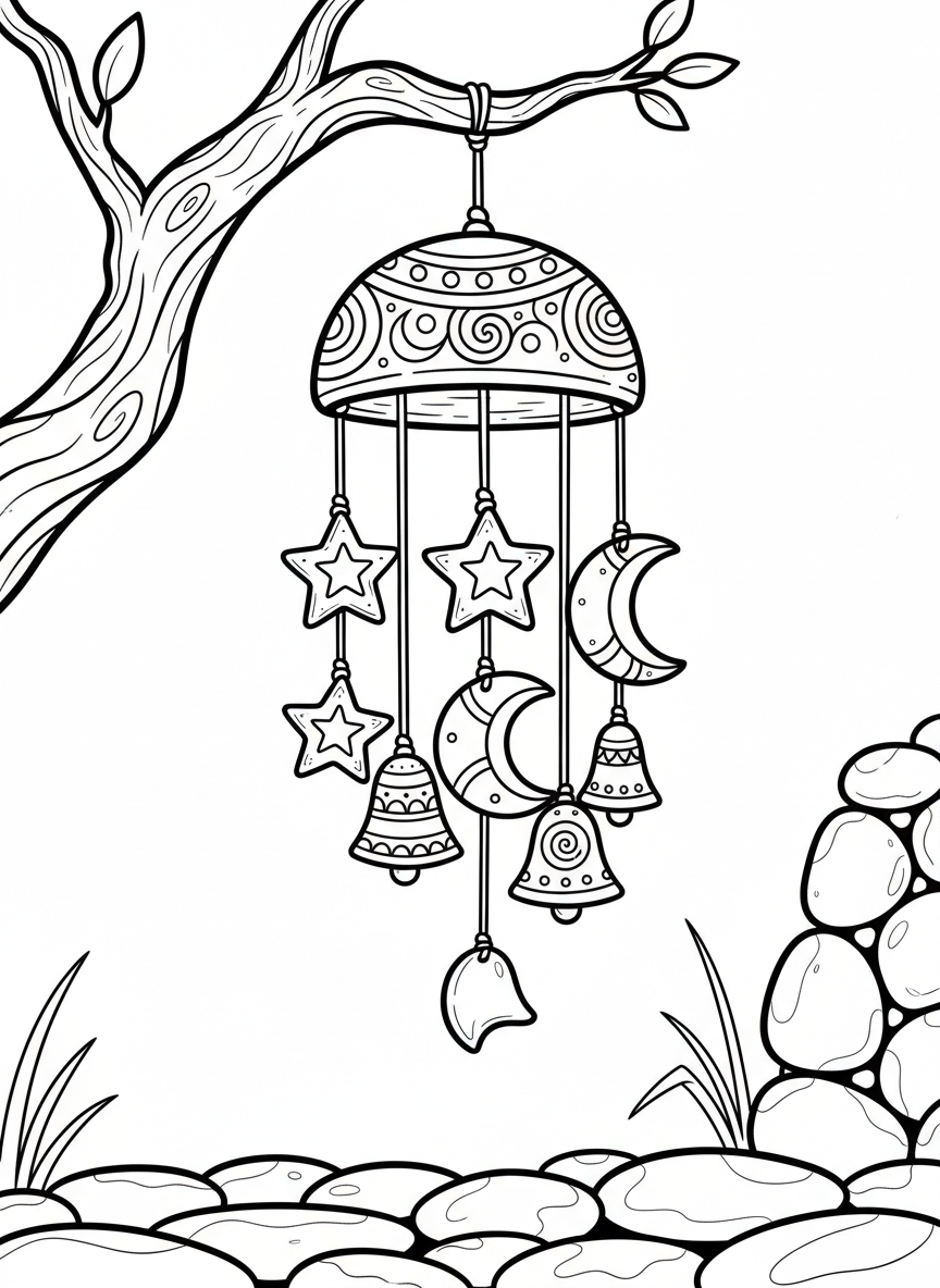 A decorative ceramic wind chime with hanging clay shapes including stars, moons, and bells.