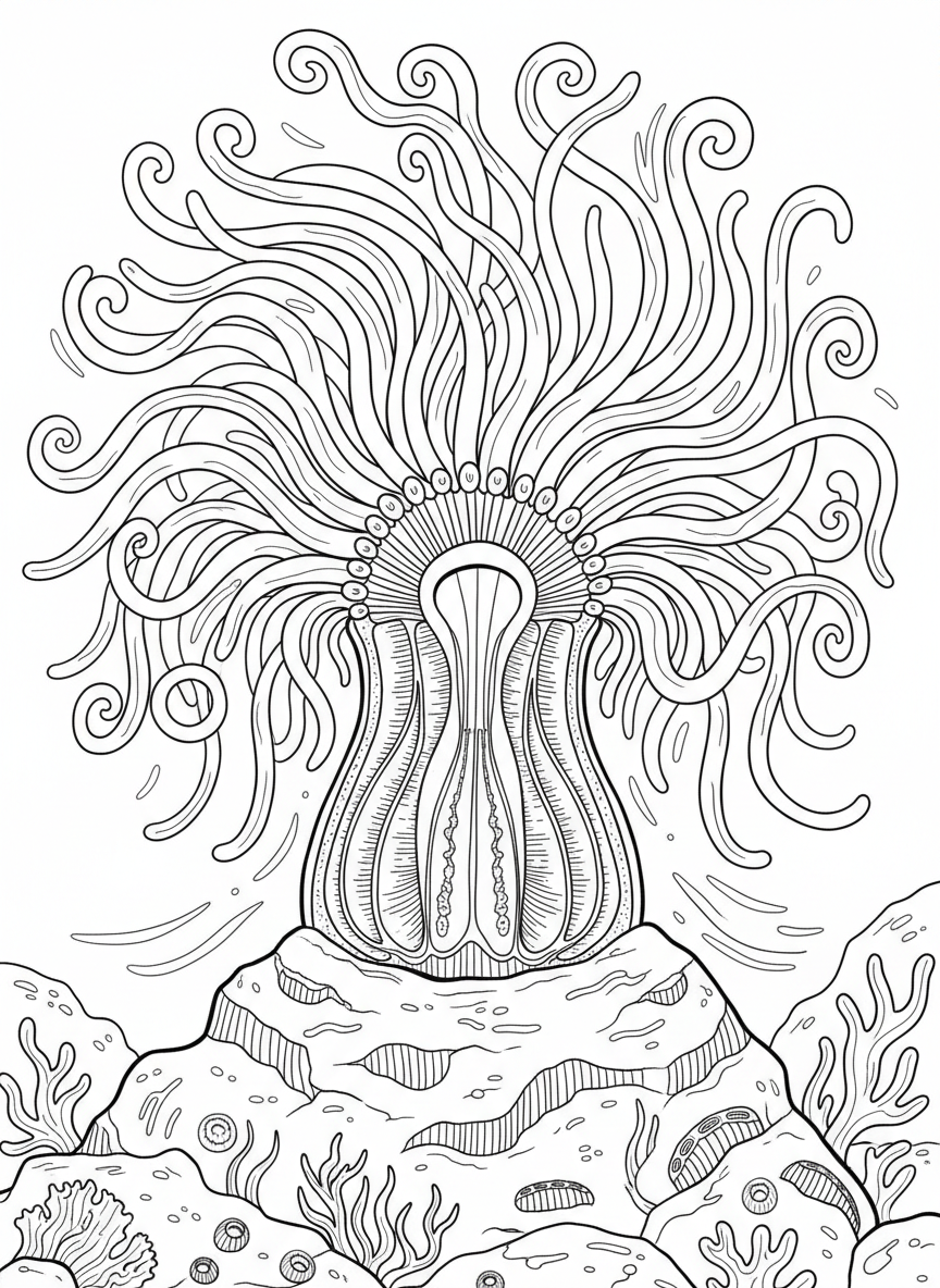 Cross-section view of a sea anemone showing its column attached to rock and tentacles spreading above, educational diagram style