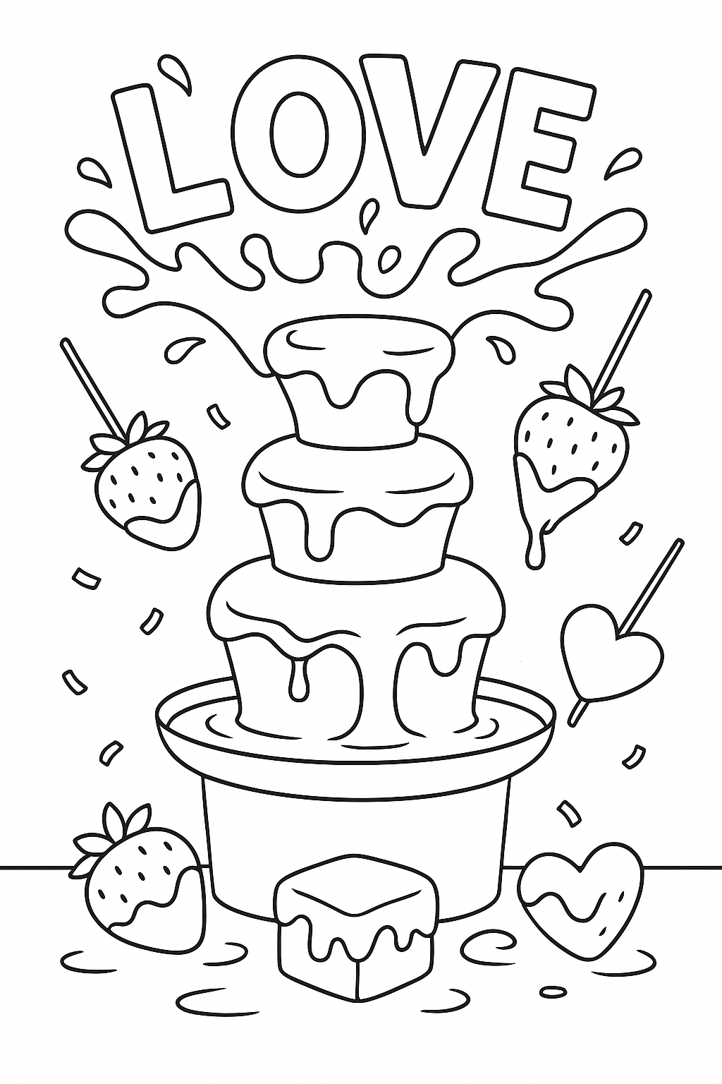 A flowing chocolate fountain with strawberries and treats dipping into it, chocolate splash forming the word “LOVE” above the fountain, festive and joyful Valentine’s celebration