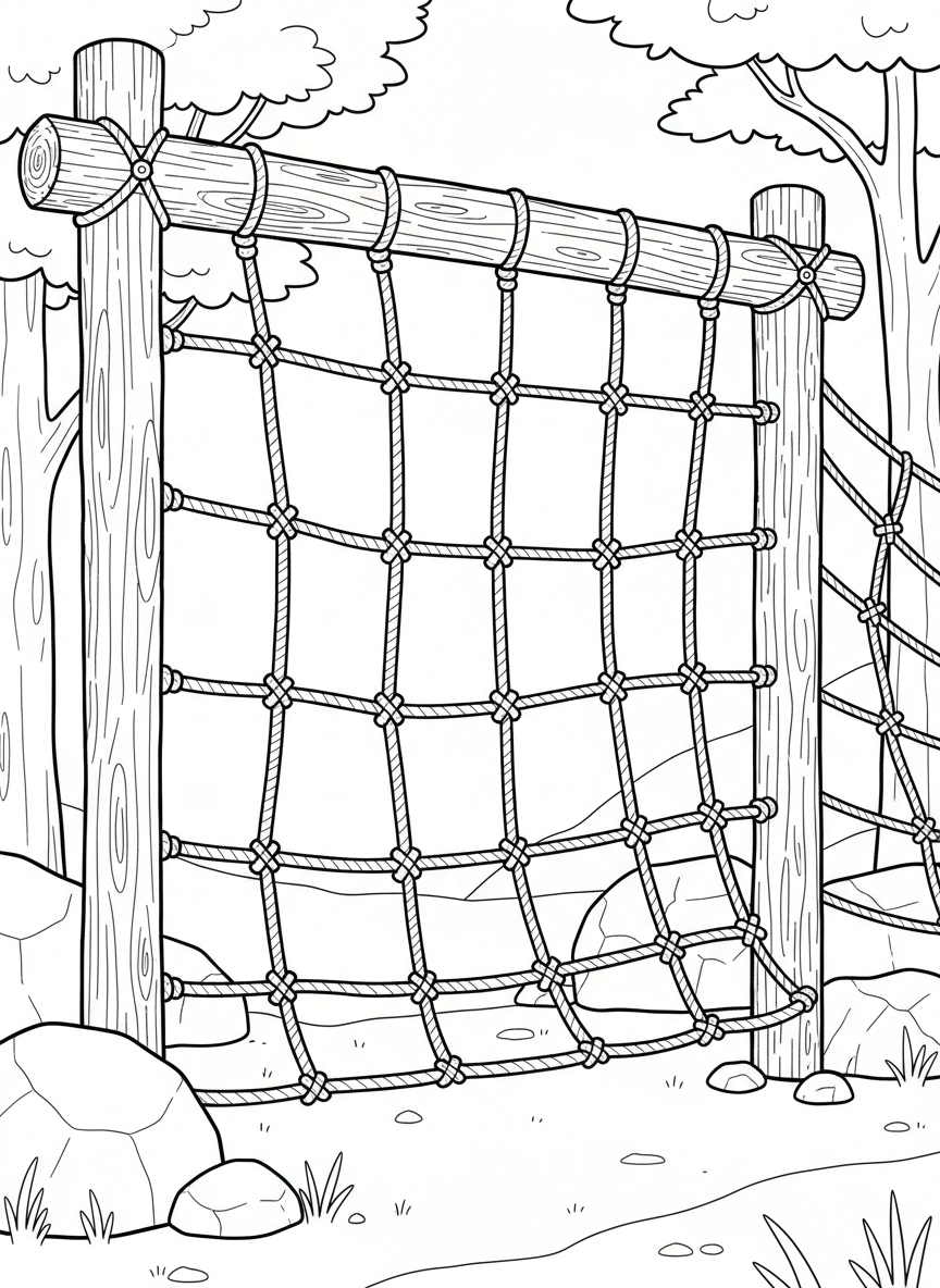 A cargo net climbing structure attached to a wooden frame, web-like pattern for detailed coloring