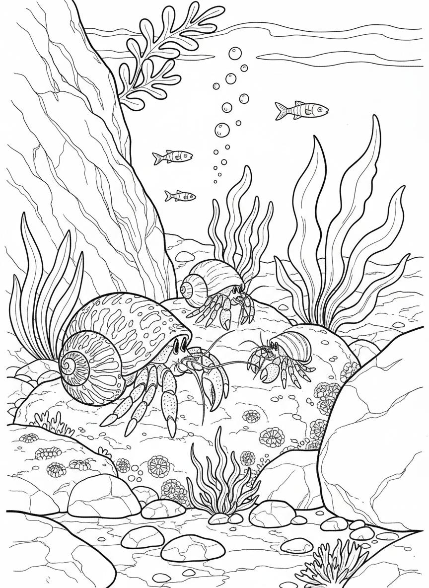 A family of three hermit crabs in different sized shells exploring a rocky tide pool filled with small fish and sea plants.