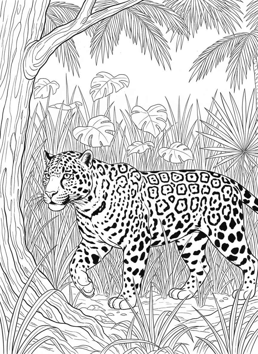 A spotted jaguar walking through tall rainforest grass, with muscular body, distinctive rosette patterns, and alert expression.
