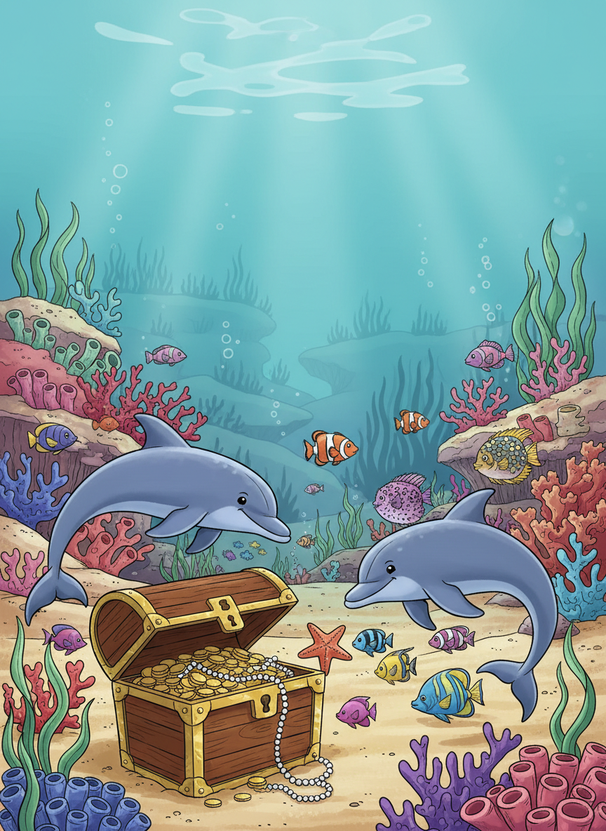 Underwater adventure coloring book cover, full-color illustration with smiling dolphins, colorful fish, and a treasure chest on the seafloor. Title-safe area at top.