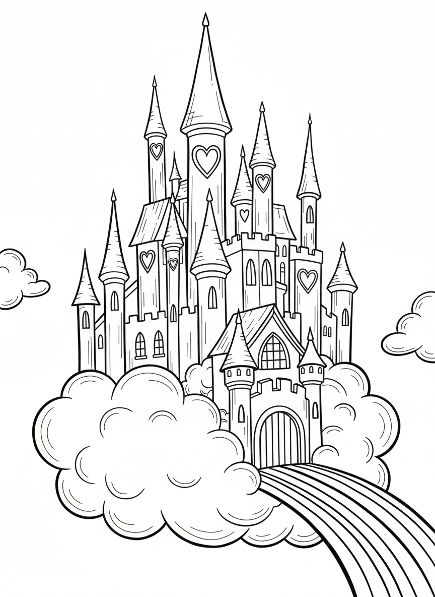 A fairy tale castle on a cloud with multiple spires, heart-shaped windows, and a rainbow bridge leading to the entrance.
