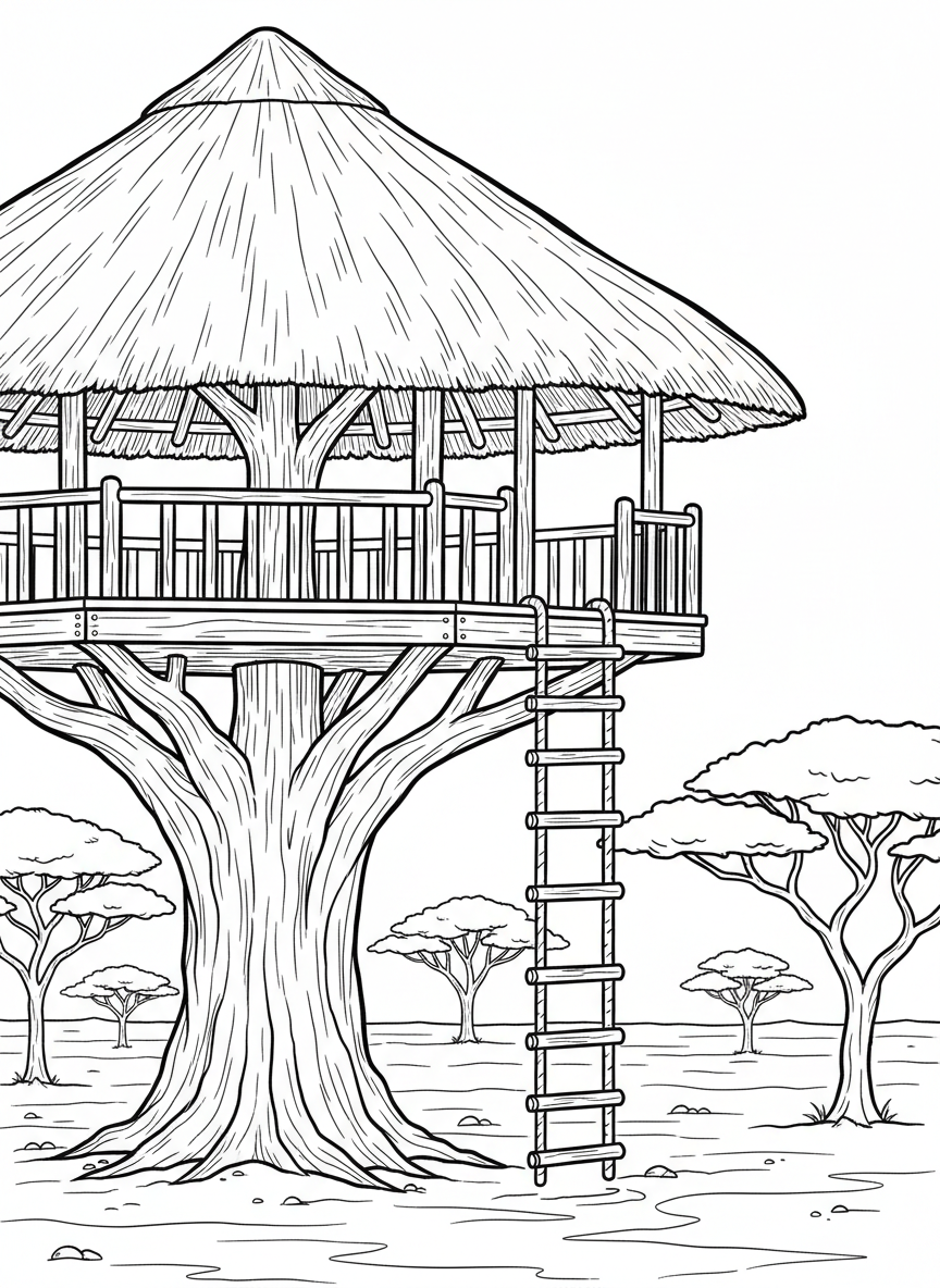An African safari treehouse platform with a thatched roof, wooden railings, and a rope ladder, overlooking the savanna with acacia trees in the background.